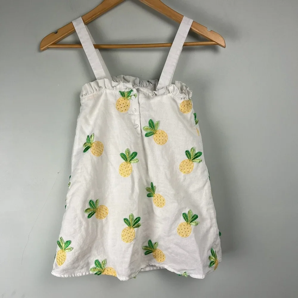 Janie and Jack Girls White Pineapple Embroidered Ramie Cotton Dress Size 6